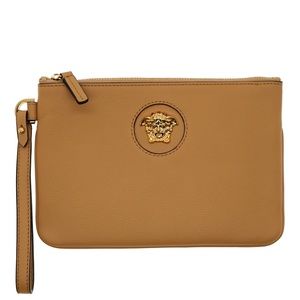 Versace Tan Wristlet with Gold Medusa Emblem